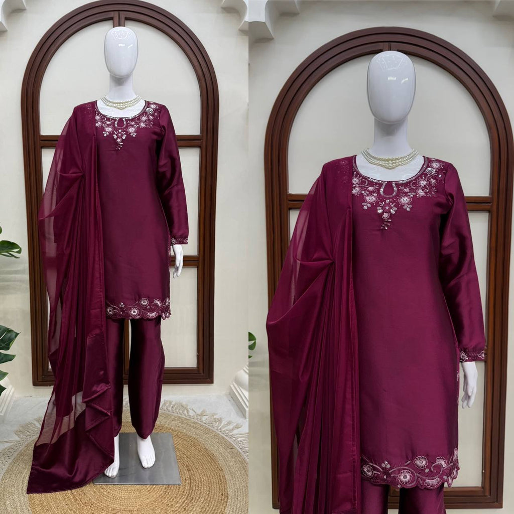 Ameyra Luxe American Silk Thread & Sequence Embroidered Suit Set with Pant & Tibby Silk Dupatta