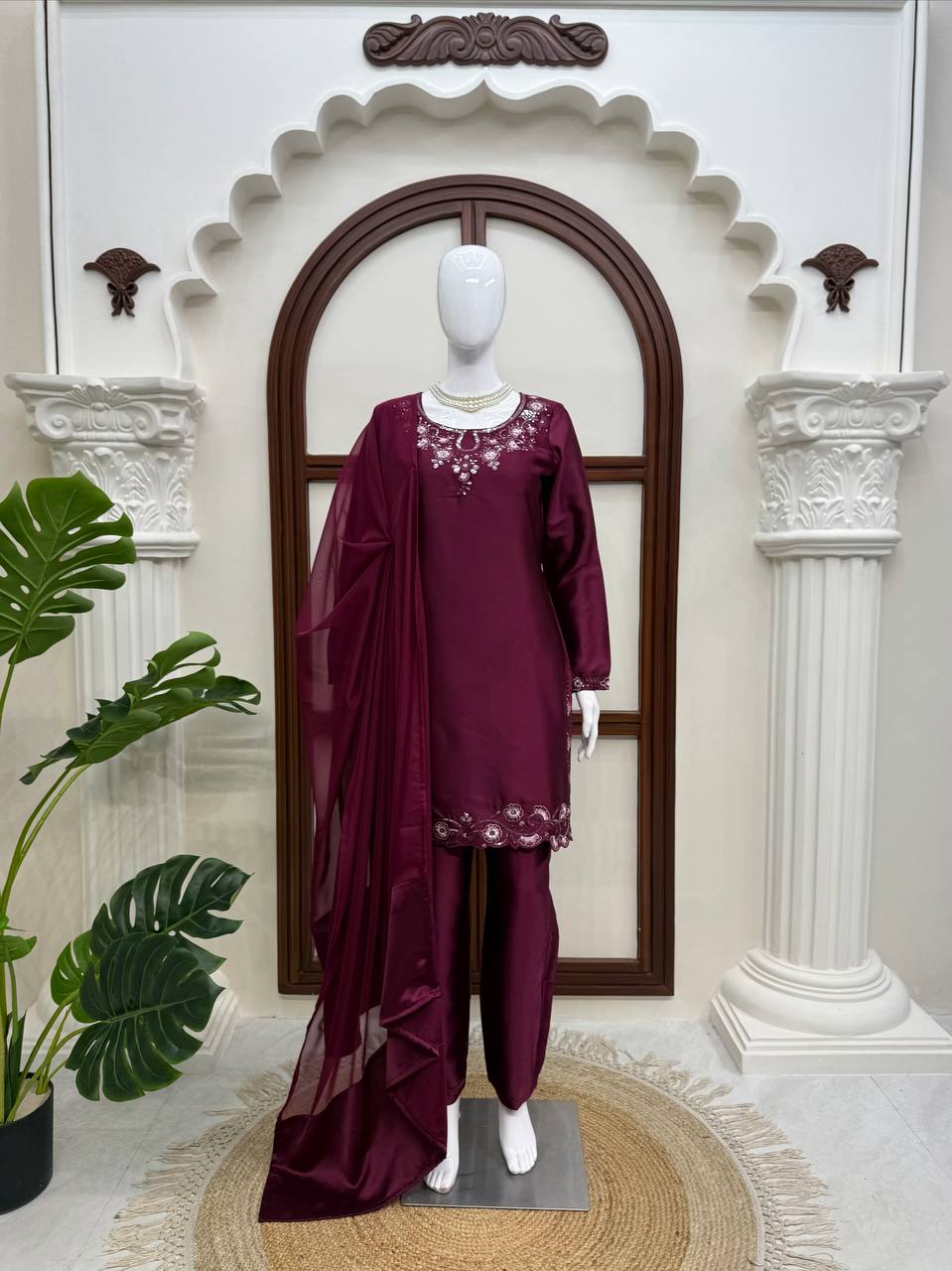 Ameyra Luxe American Silk Thread & Sequence Embroidered Suit Set with Pant & Tibby Silk Dupatta