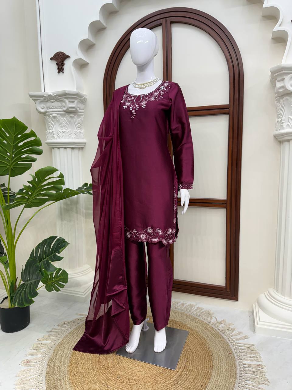 Ameyra Luxe American Silk Thread & Sequence Embroidered Suit Set with Pant & Tibby Silk Dupatta