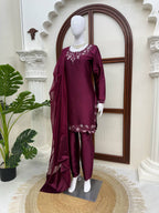 Ameyra Luxe American Silk Thread & Sequence Embroidered Suit Set with Pant & Tibby Silk Dupatta