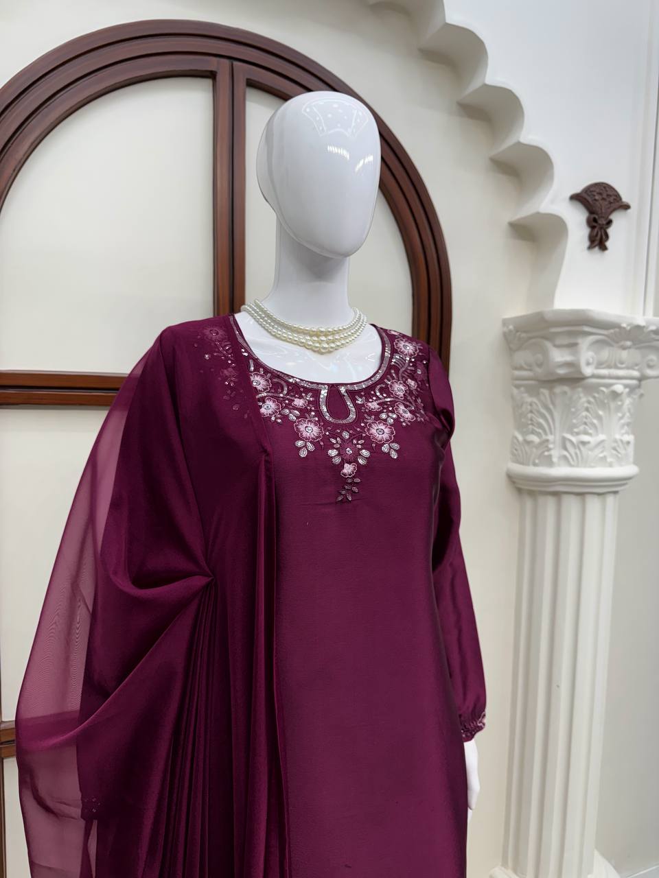 Ameyra Luxe American Silk Thread & Sequence Embroidered Suit Set with Pant & Tibby Silk Dupatta