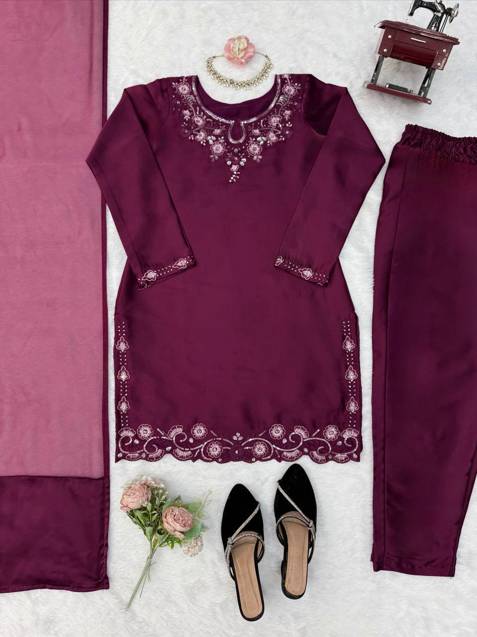 Ameyra Luxe American Silk Thread & Sequence Embroidered Suit Set with Pant & Tibby Silk Dupatta
