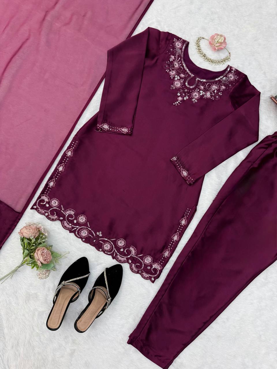 Ameyra Luxe American Silk Thread & Sequence Embroidered Suit Set with Pant & Tibby Silk Dupatta