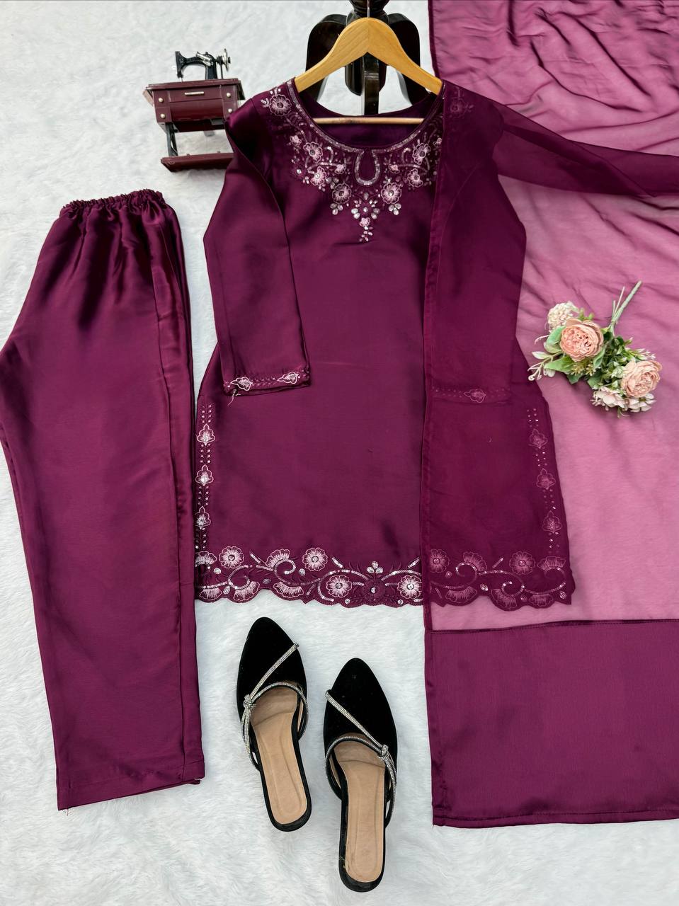 Ameyra Luxe American Silk Thread & Sequence Embroidered Suit Set with Pant & Tibby Silk Dupatta