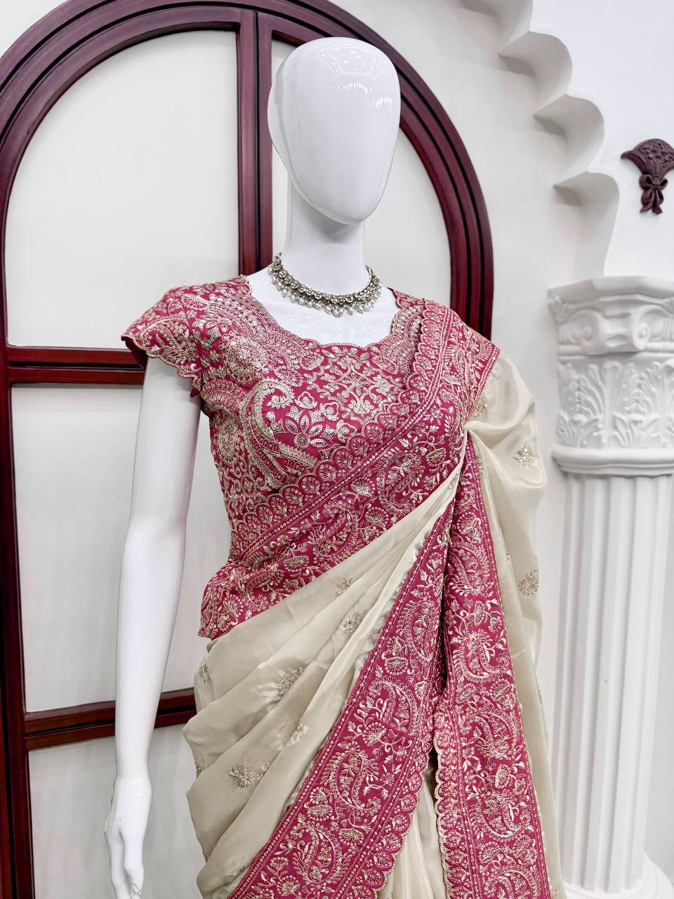 Vaidehi Aura Glass Organza Silk Thread & Sequence Embroidered Designer Saree with Mono Banglori Silk Blouse
