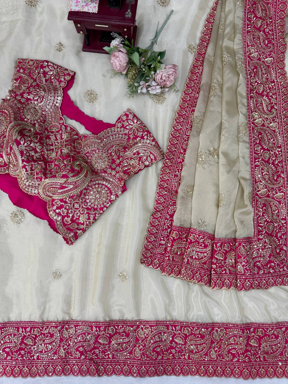 Vaidehi Aura Glass Organza Silk Thread & Sequence Embroidered Designer Saree with Mono Banglori Silk Blouse