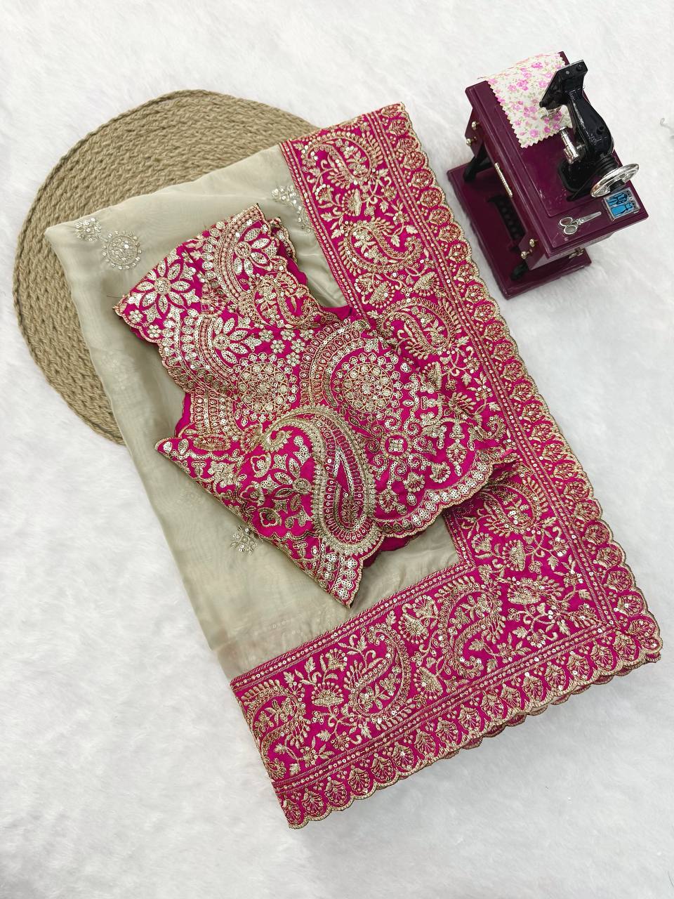 Vaidehi Aura Glass Organza Silk Thread & Sequence Embroidered Designer Saree with Mono Banglori Silk Blouse