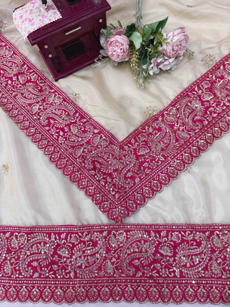 Vaidehi Aura Glass Organza Silk Thread & Sequence Embroidered Designer Saree with Mono Banglori Silk Blouse