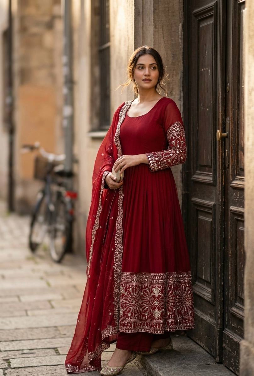 Mahira Chinon Silk Real Mirror Embroidered Anarkali with Pant & Dupatta