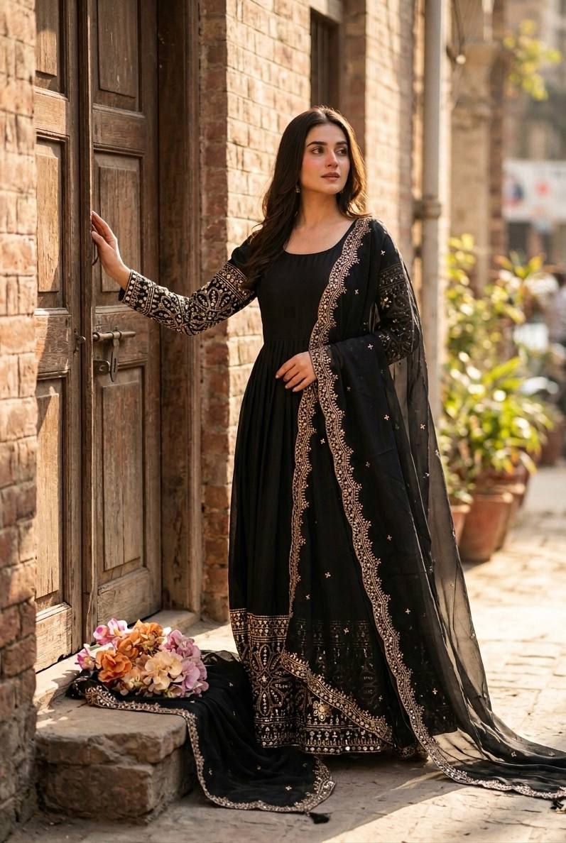 Mahira Chinon Silk Real Mirror Embroidered Anarkali with Pant & Dupatta