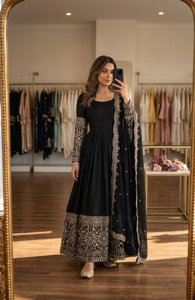 Mahira Chinon Silk Real Mirror Embroidered Anarkali with Pant & Dupatta