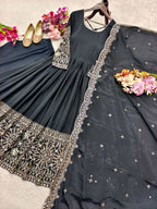 Mahira Chinon Silk Real Mirror Embroidered Anarkali with Pant & Dupatta