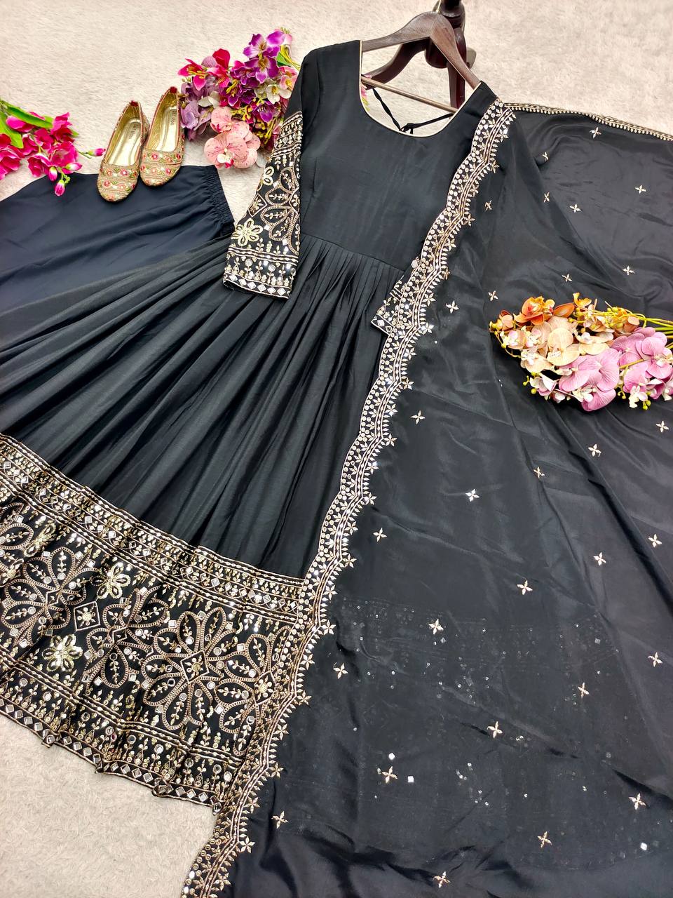 Mahira Chinon Silk Real Mirror Embroidered Anarkali with Pant & Dupatta