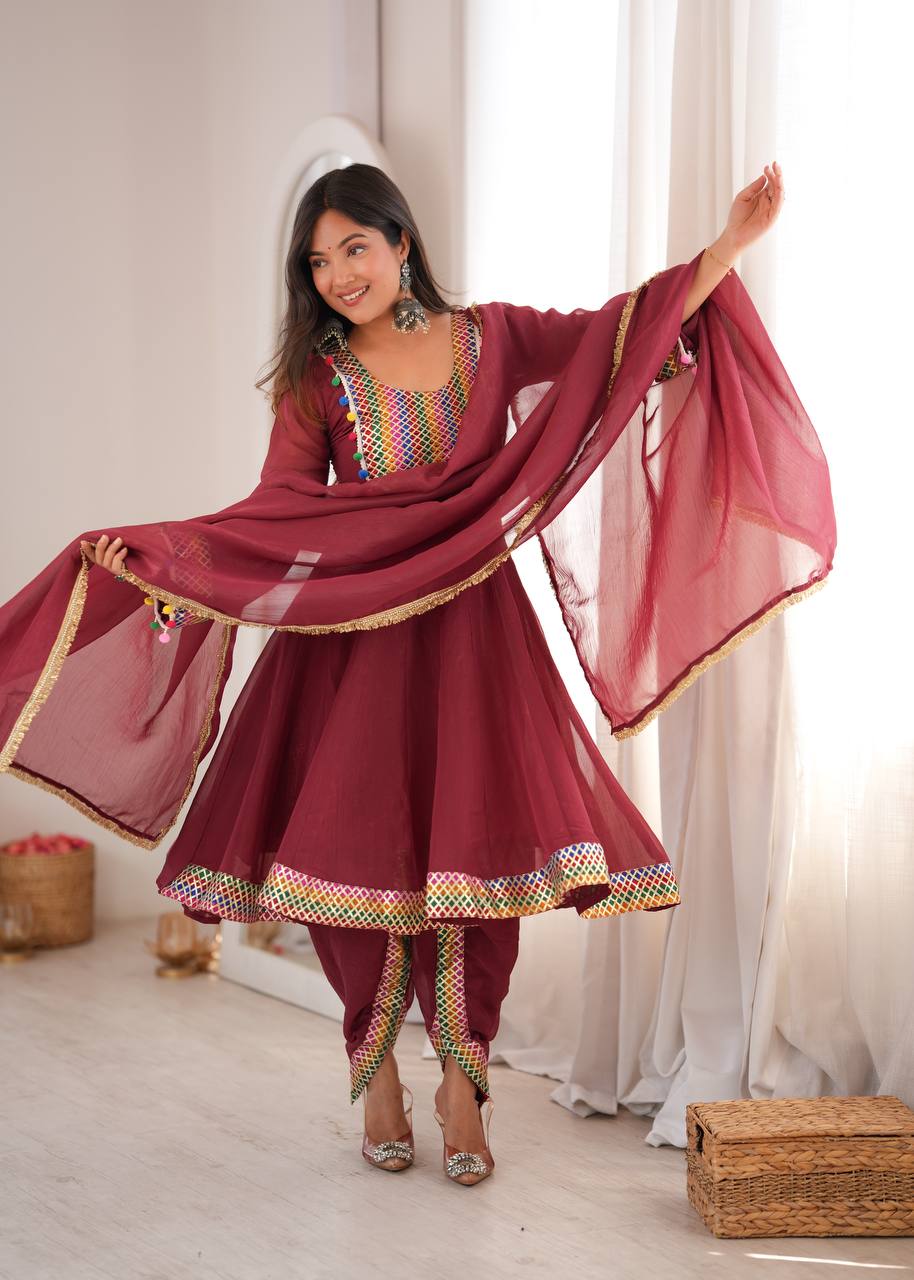 Ruhanya Crunchy Embroidered Kurti with Dhoti Pant & Dupatta Set