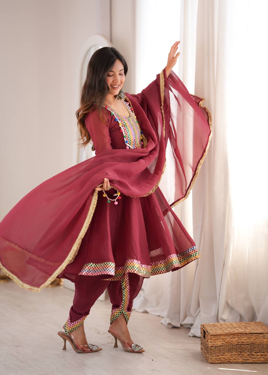 Ruhanya Crunchy Embroidered Kurti with Dhoti Pant & Dupatta Set
