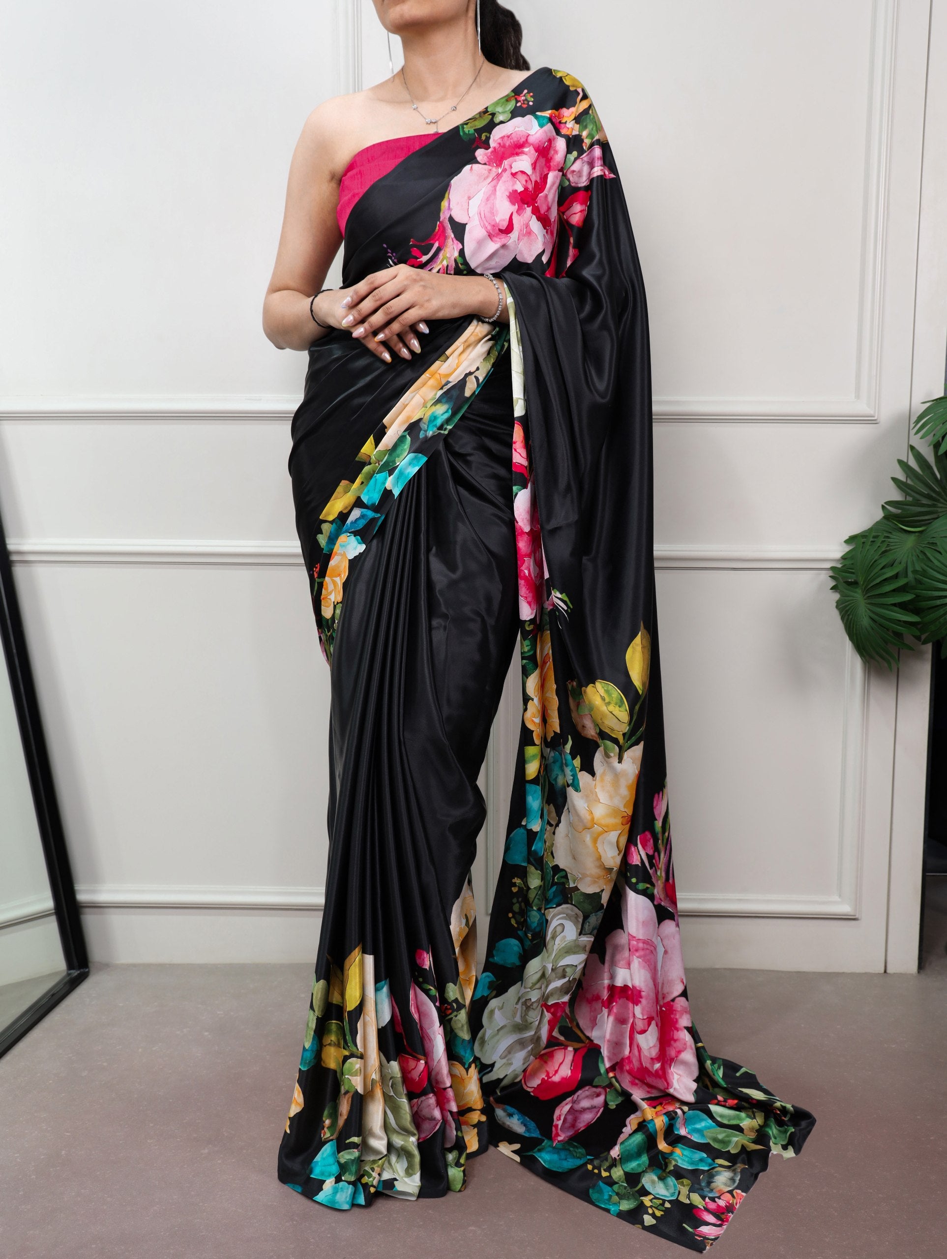 Anvika Printed Satin Silk Saree with Stitched Banglory Blouse