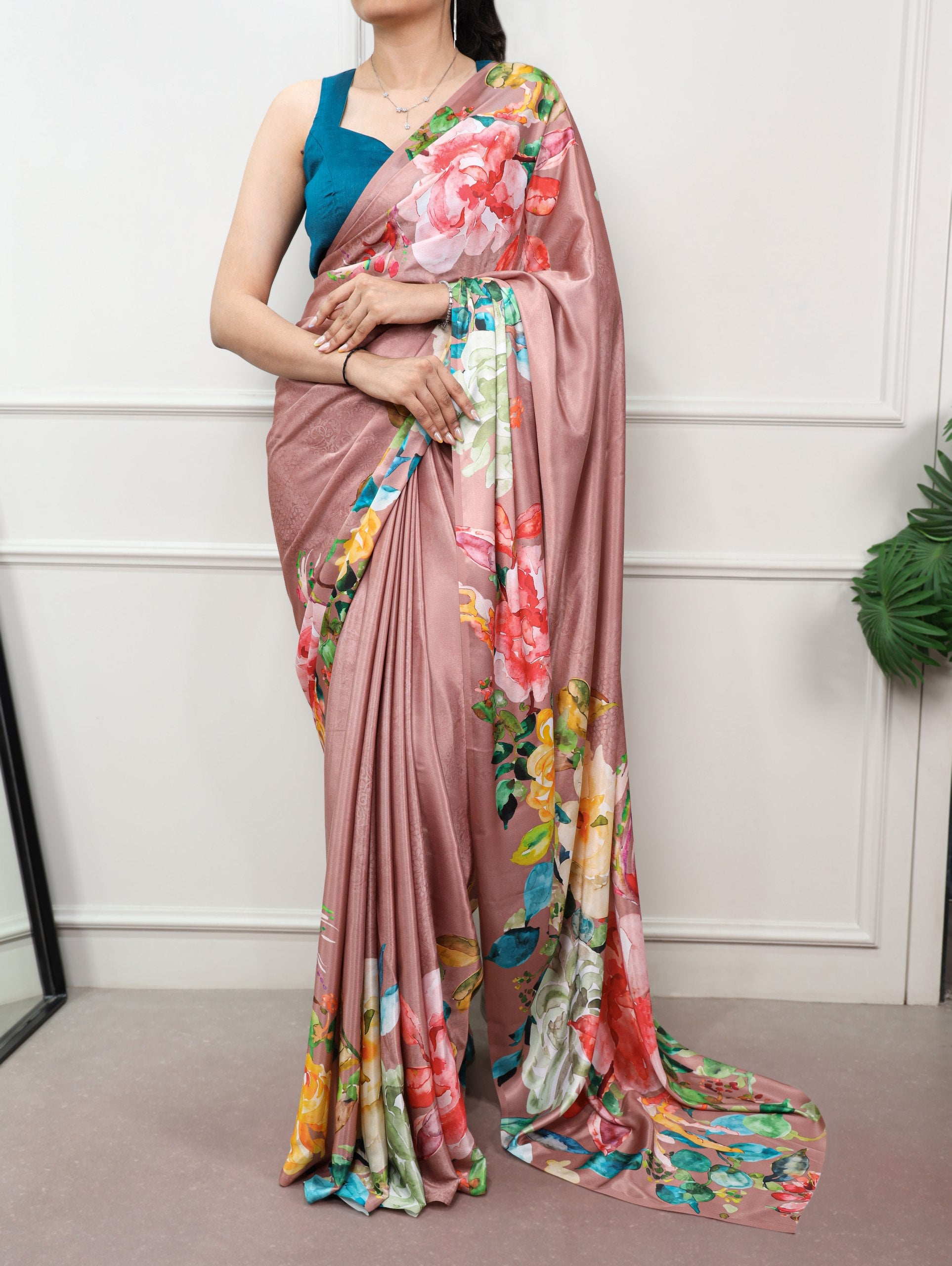 Anvika Printed Satin Silk Saree with Stitched Banglory Blouse