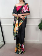 Anvika Printed Satin Silk Saree with Stitched Banglory Blouse