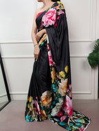 Anvika Printed Satin Silk Saree with Stitched Banglory Blouse