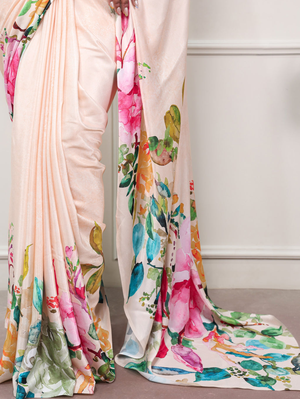 Anvika Printed Satin Silk Saree with Stitched Banglory Blouse