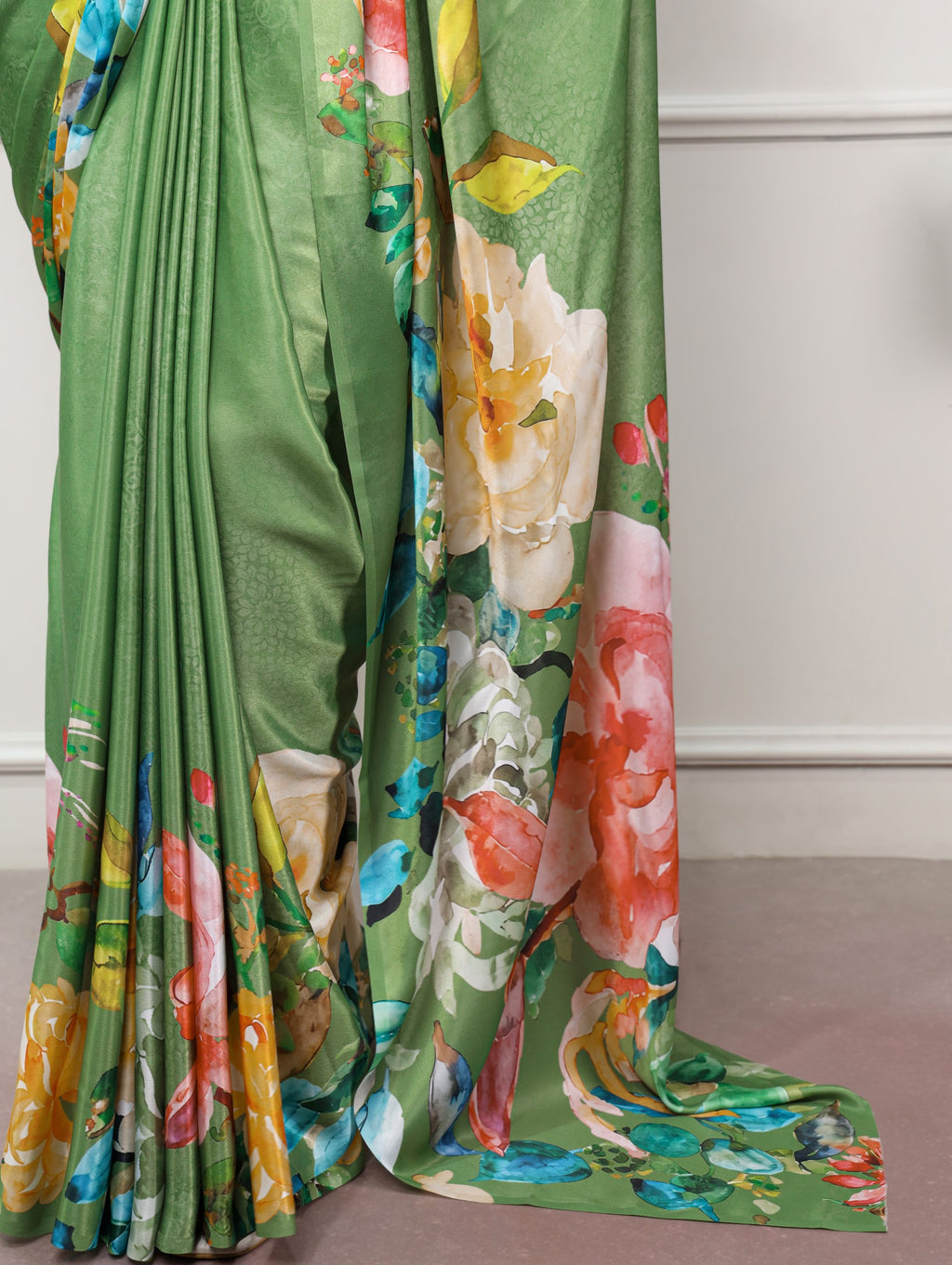 Anvika Printed Satin Silk Saree with Stitched Banglory Blouse