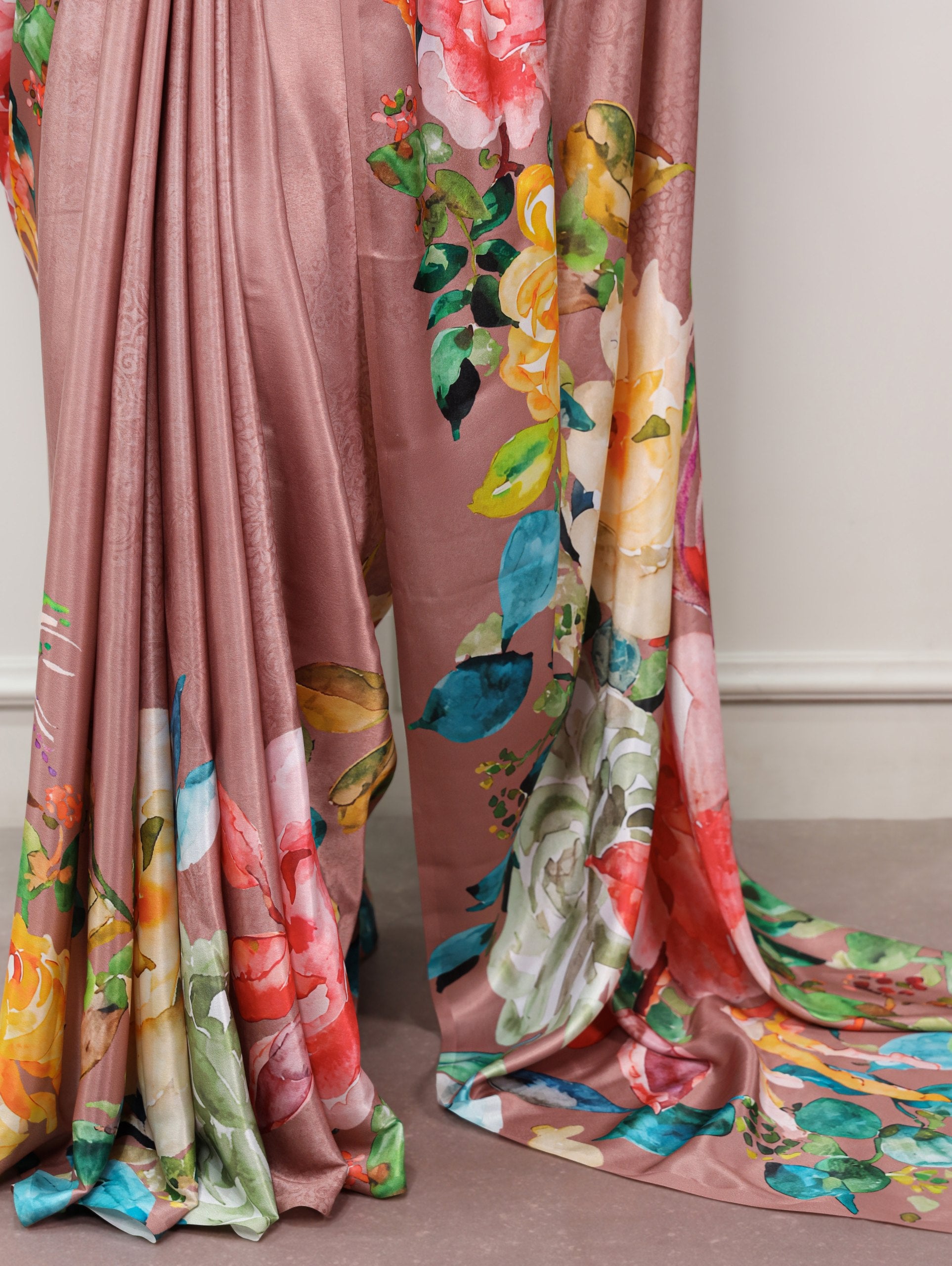 Anvika Printed Satin Silk Saree with Stitched Banglory Blouse