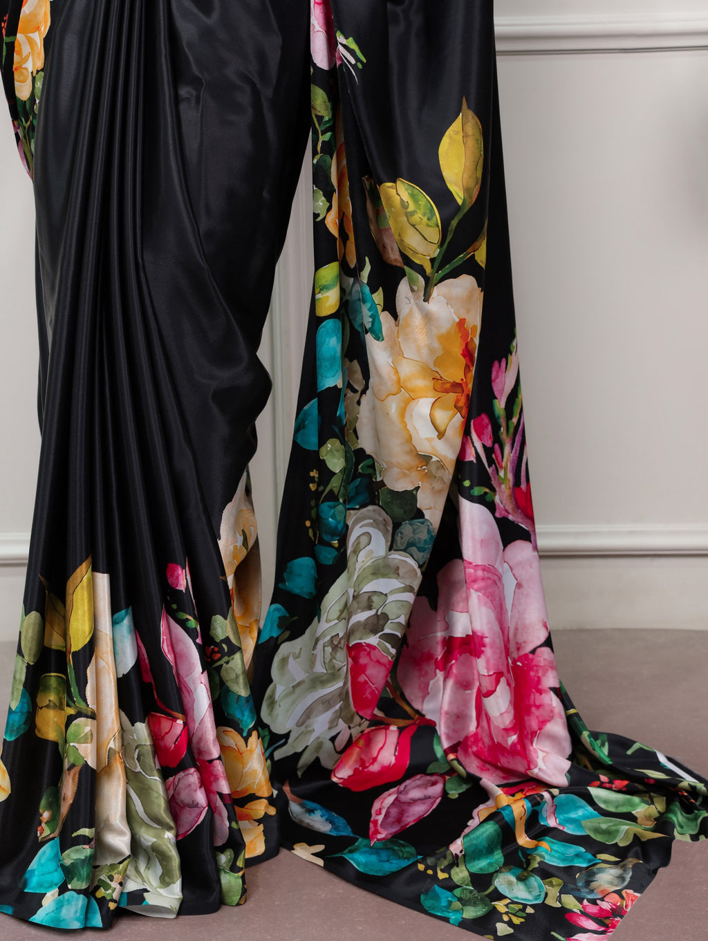 Anvika Printed Satin Silk Saree with Stitched Banglory Blouse
