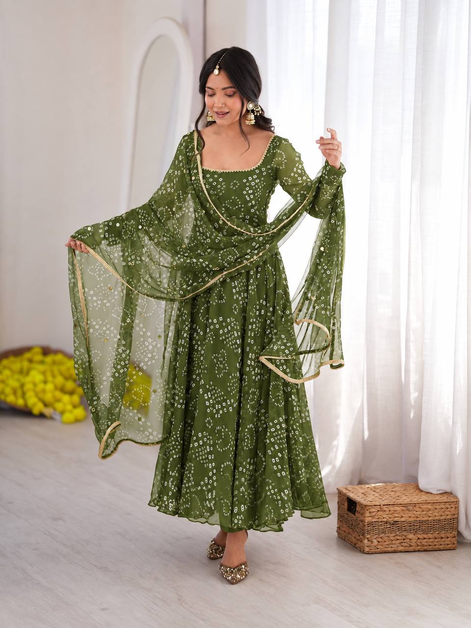 Kashvi Bandhani Print Anarkali Set with Mirror Work Dupatta