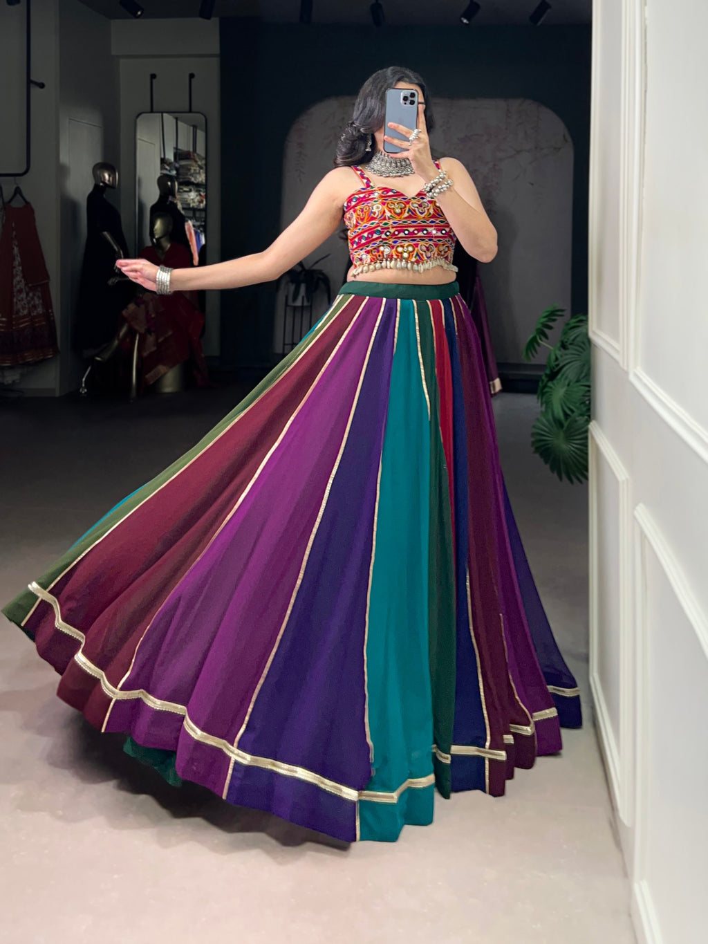 Rangrekha Multi-Color Georgette Navratri Lehenga with Mirror Gamthi Work Blouse