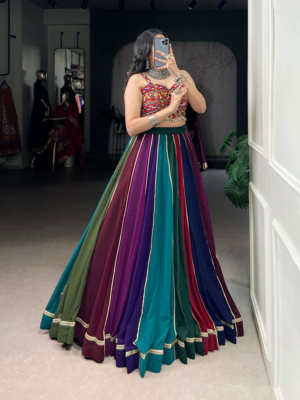Rangrekha Multi-Color Georgette Navratri Lehenga with Mirror Gamthi Work Blouse