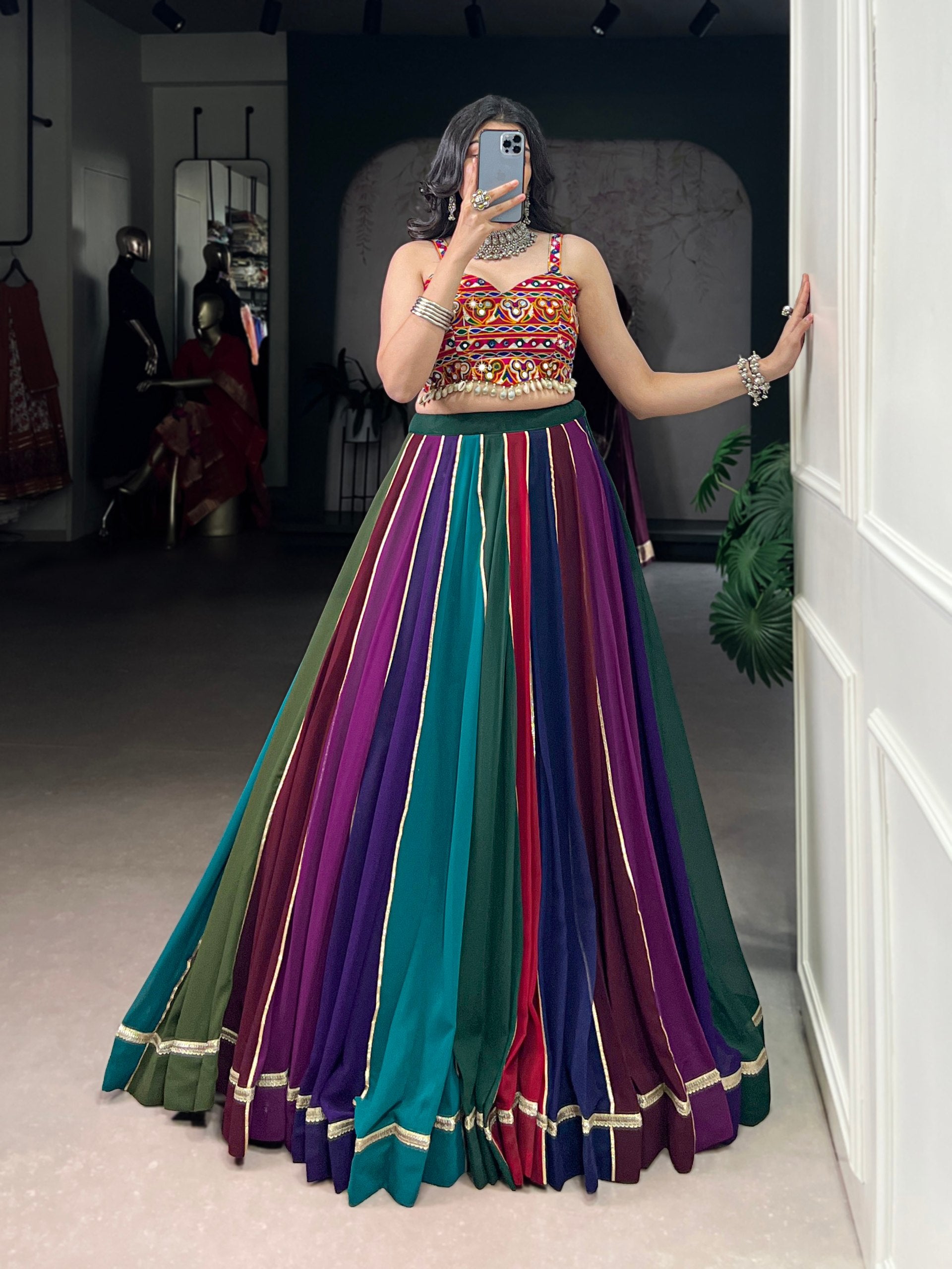 Rangrekha Multi-Color Georgette Navratri Lehenga with Mirror Gamthi Work Blouse