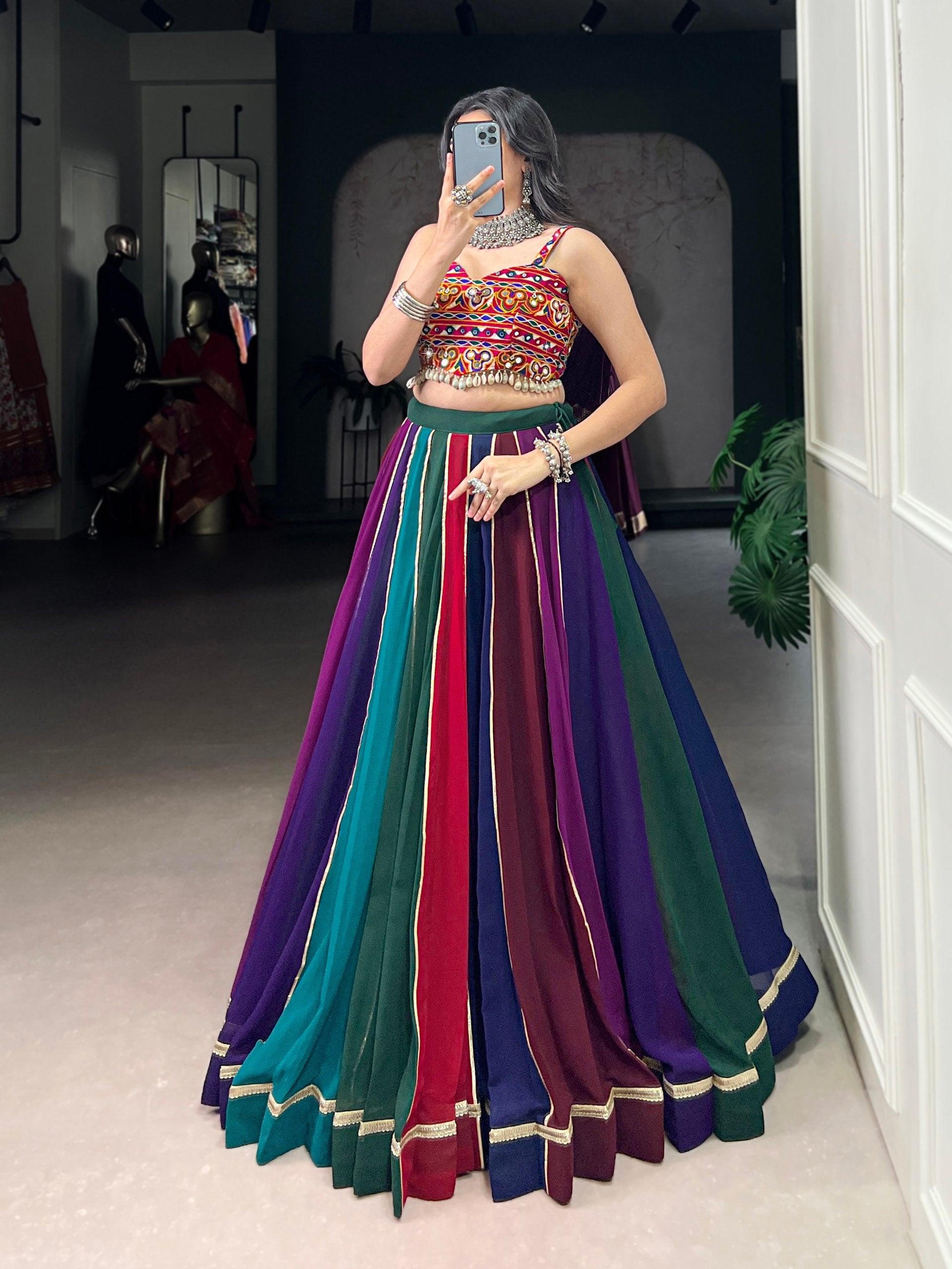 Rangrekha Multi-Color Georgette Navratri Lehenga with Mirror Gamthi Work Blouse