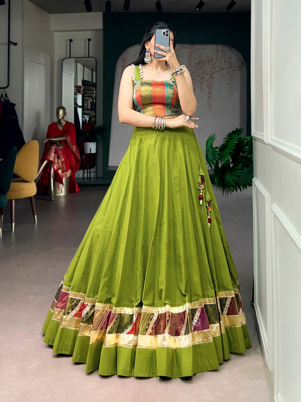 Raasika Cotton Zari Weaving Navratri Lehenga with Cowrie Lace Blouse