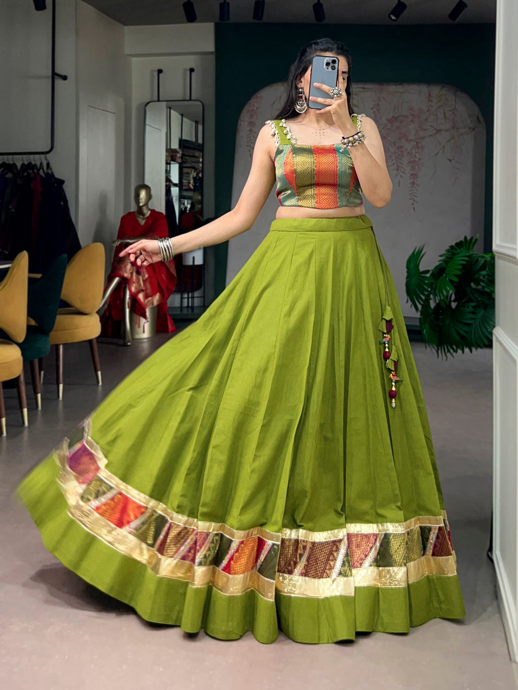 Raasika Cotton Zari Weaving Navratri Lehenga with Cowrie Lace Blouse