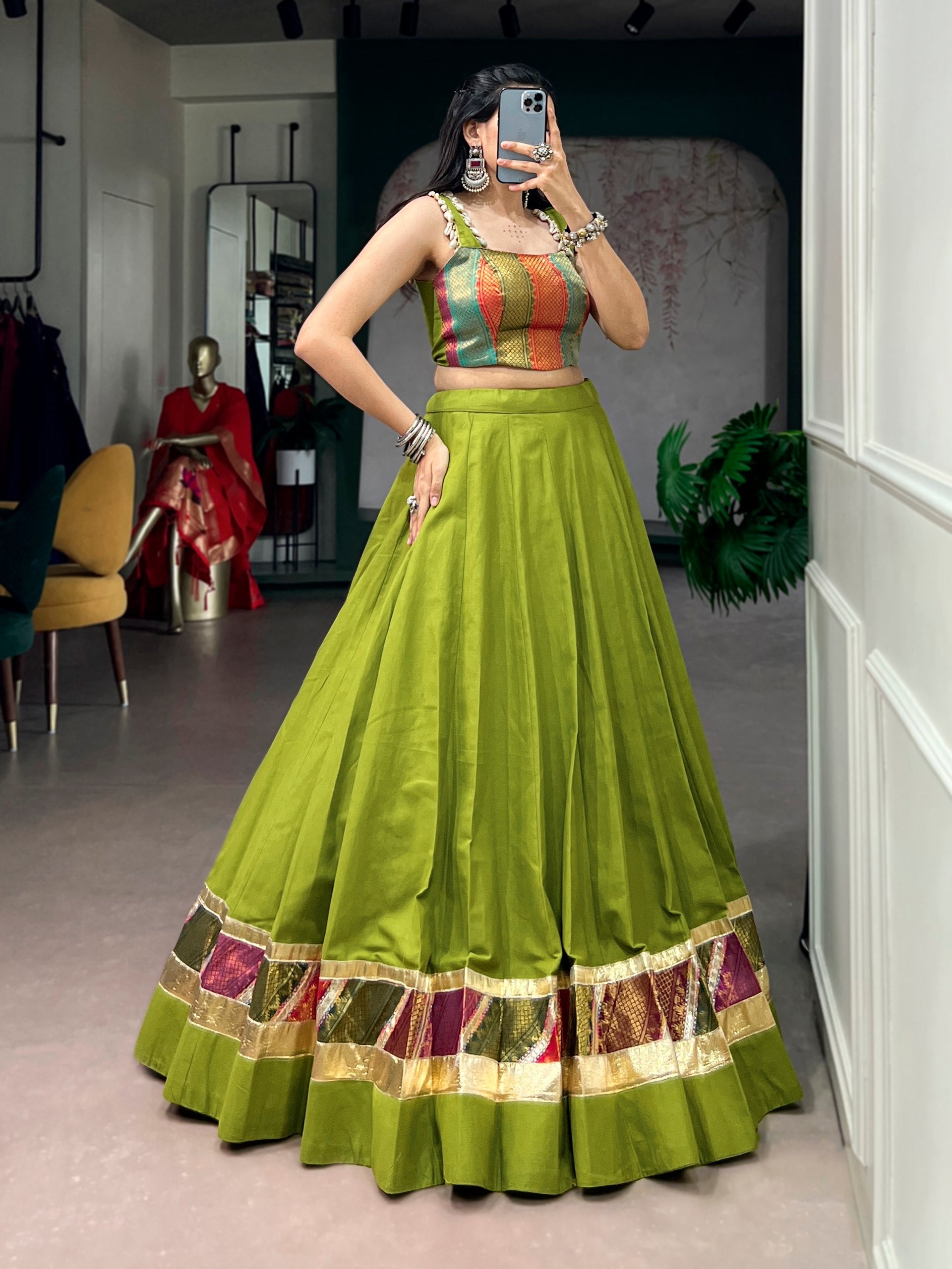 Raasika Cotton Zari Weaving Navratri Lehenga with Cowrie Lace Blouse