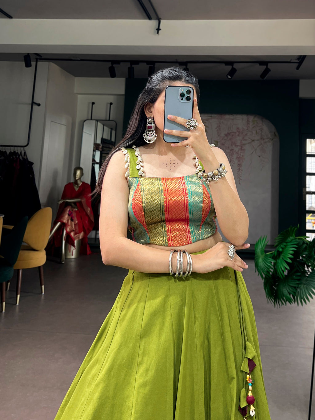 Raasika Cotton Zari Weaving Navratri Lehenga with Cowrie Lace Blouse