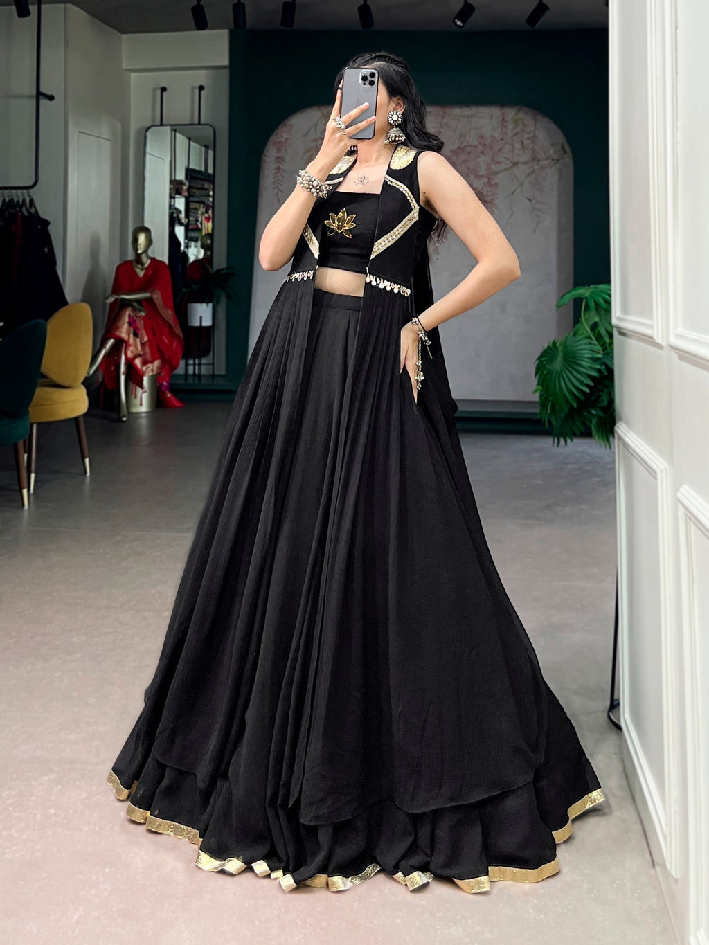 Padmika Feather-Light Lotus Handwork Navratri Lehenga with Long Jacket Set