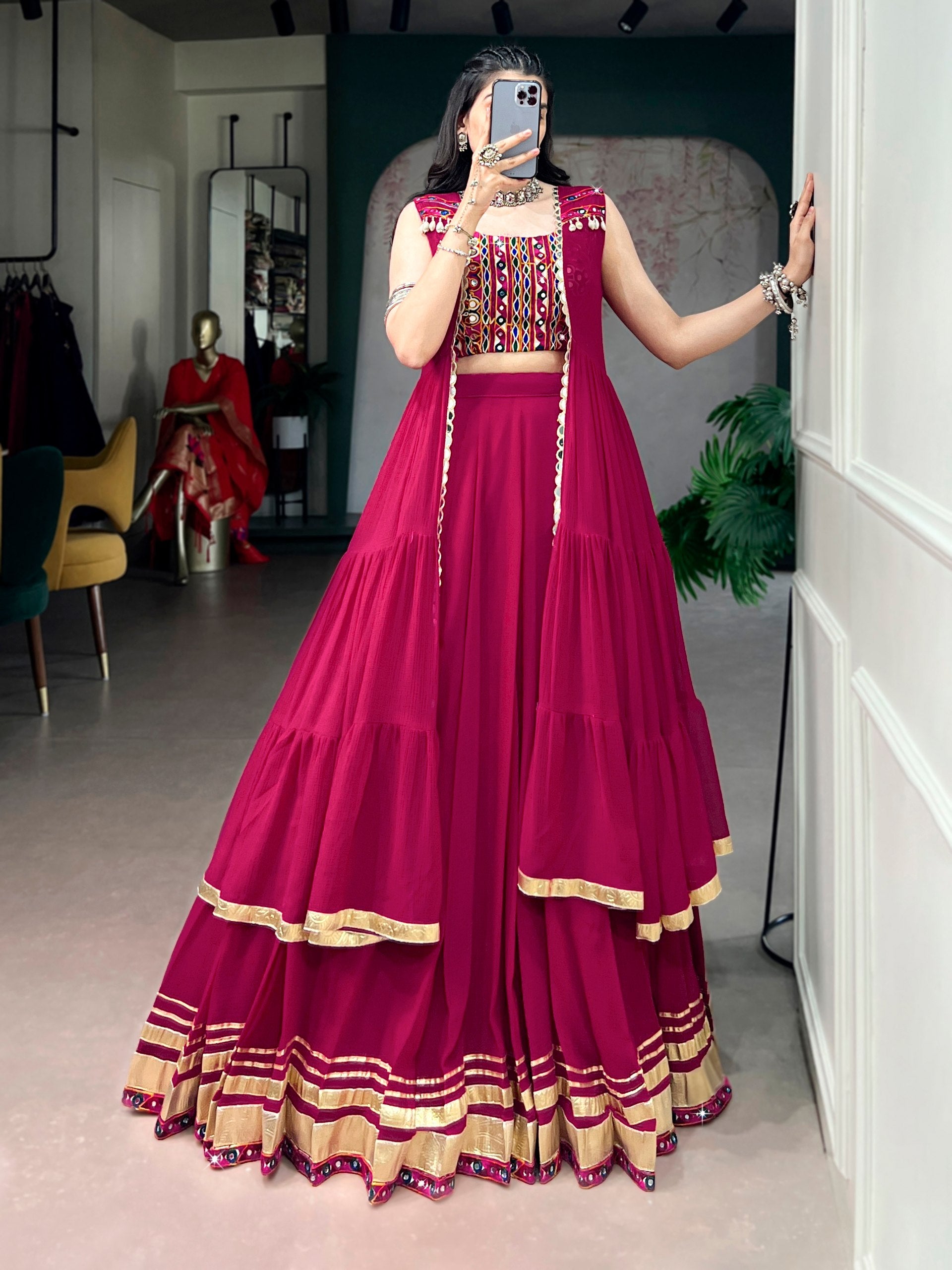 Raasrangi Gamthi Work Navratri Lehenga with Mirror Long Koti Set