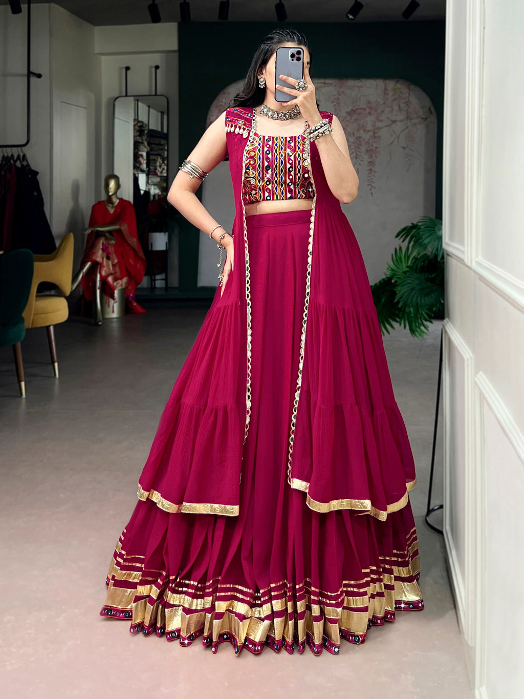 Raasrangi Gamthi Work Navratri Lehenga with Mirror Long Koti Set