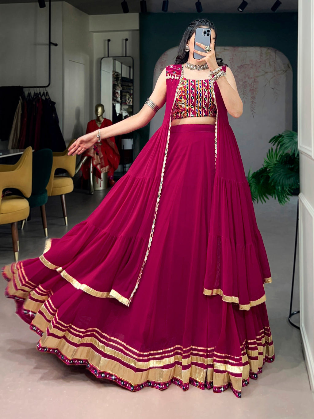 Raasrangi Gamthi Work Navratri Lehenga with Mirror Long Koti Set