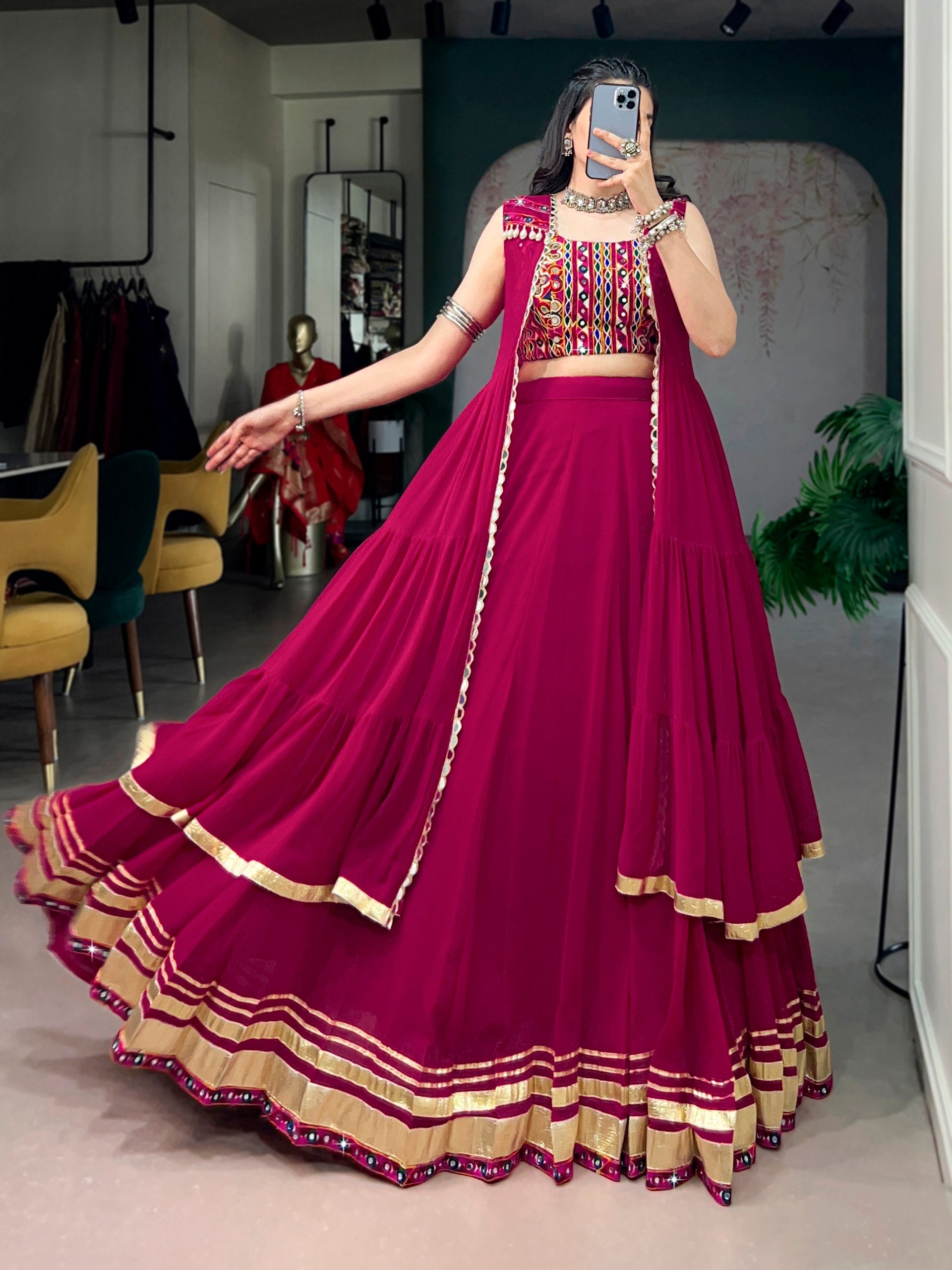 Raasrangi Gamthi Work Navratri Lehenga with Mirror Long Koti Set