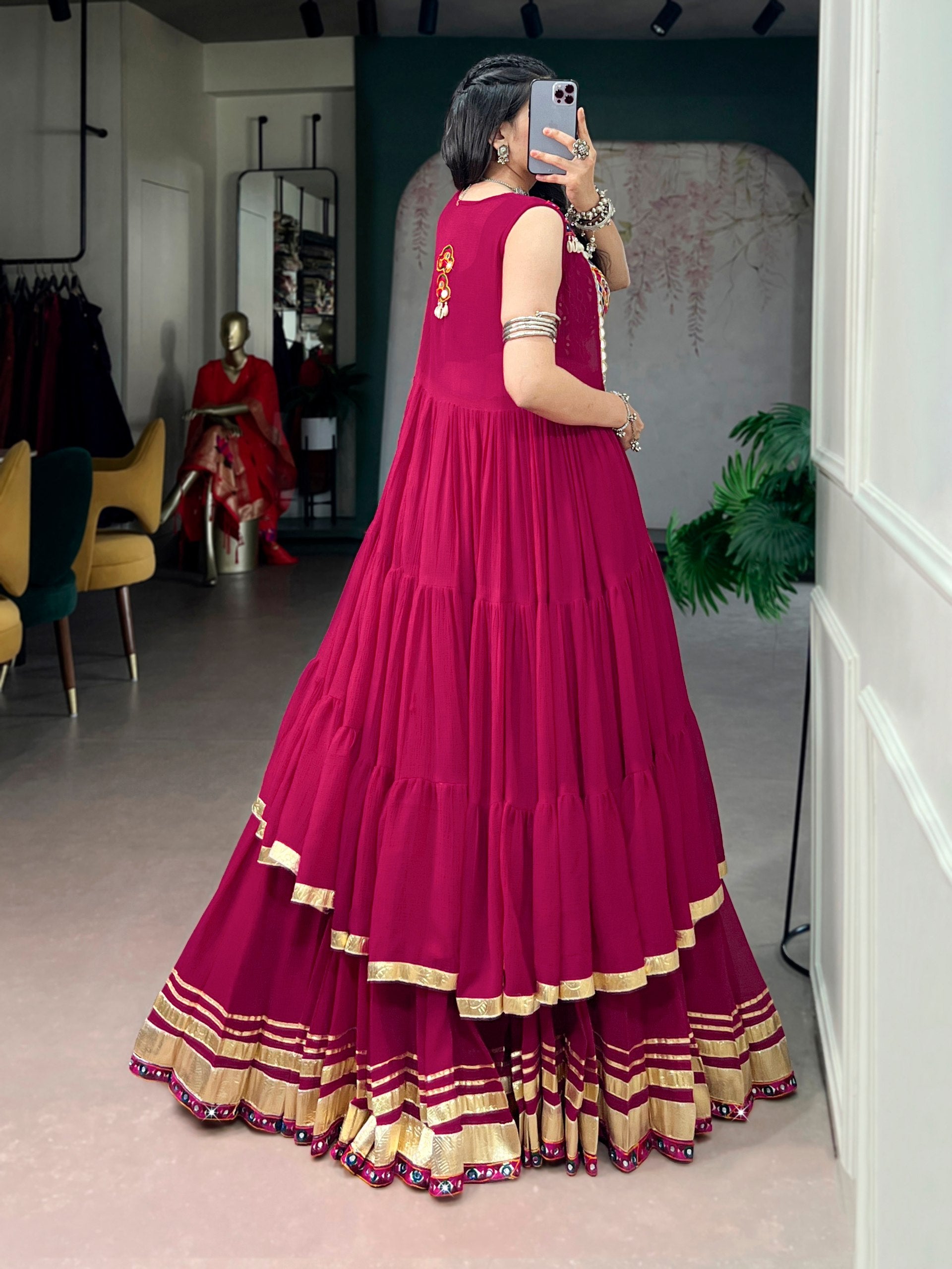 Raasrangi Gamthi Work Navratri Lehenga with Mirror Long Koti Set