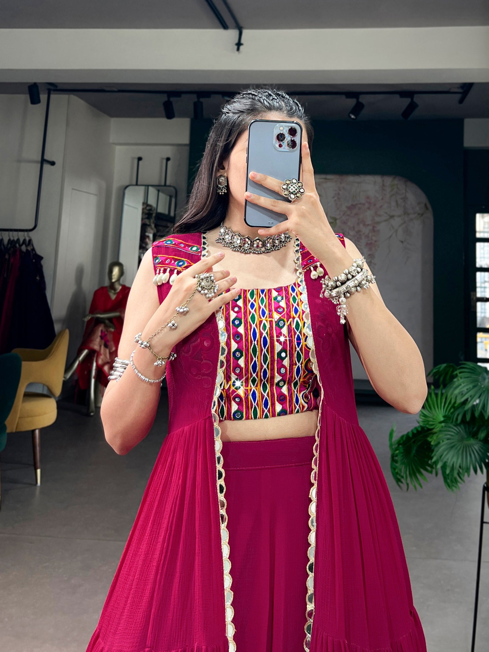 Raasrangi Gamthi Work Navratri Lehenga with Mirror Long Koti Set