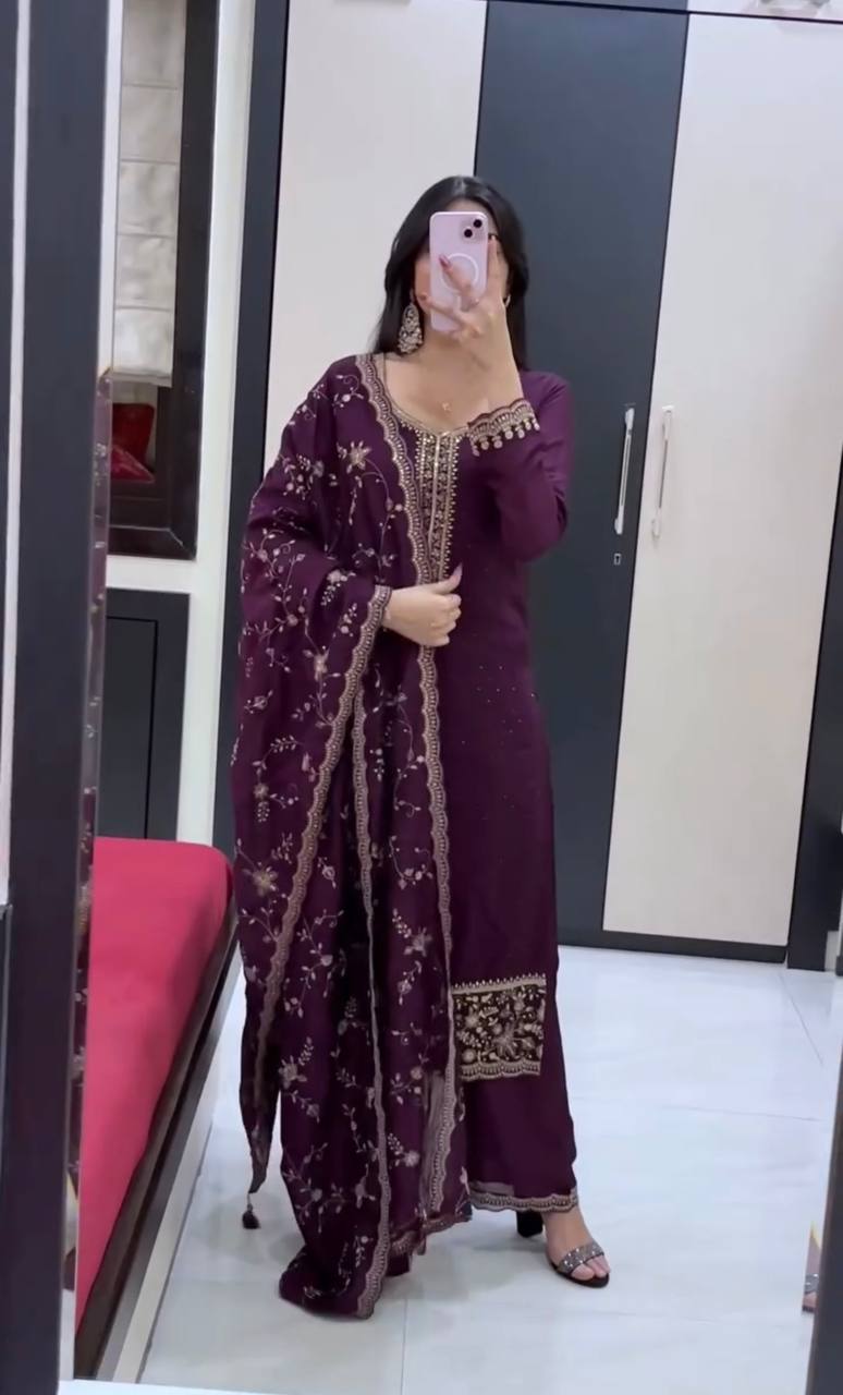 Swara Noorie Designer Heavy Georgette Swarovski Diamond Embroidered Palazzo Suit Set with Sequins Dupatta