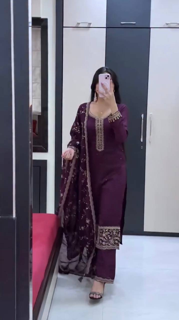 Swara Noorie Designer Heavy Georgette Swarovski Diamond Embroidered Palazzo Suit Set with Sequins Dupatta