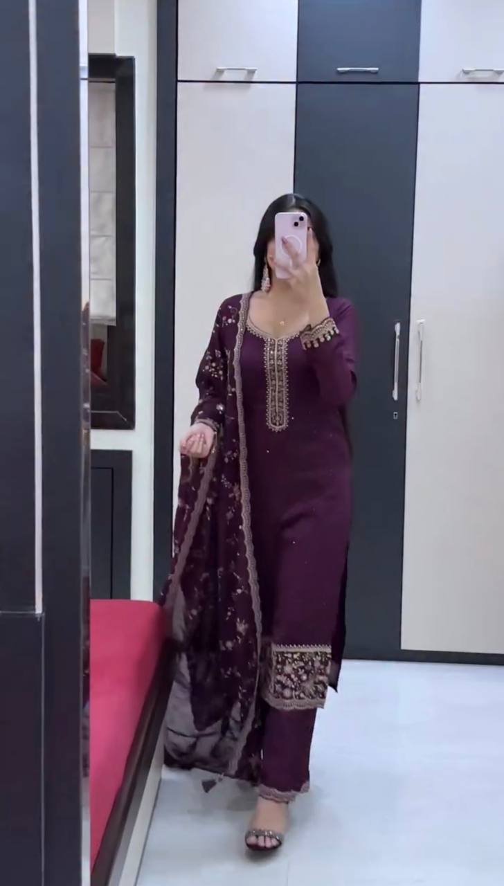 Swara Noorie Designer Heavy Georgette Swarovski Diamond Embroidered Palazzo Suit Set with Sequins Dupatta