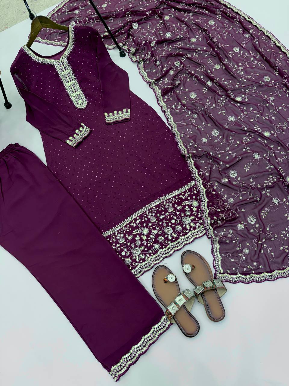 Swara Noorie Designer Heavy Georgette Swarovski Diamond Embroidered Palazzo Suit Set with Sequins Dupatta