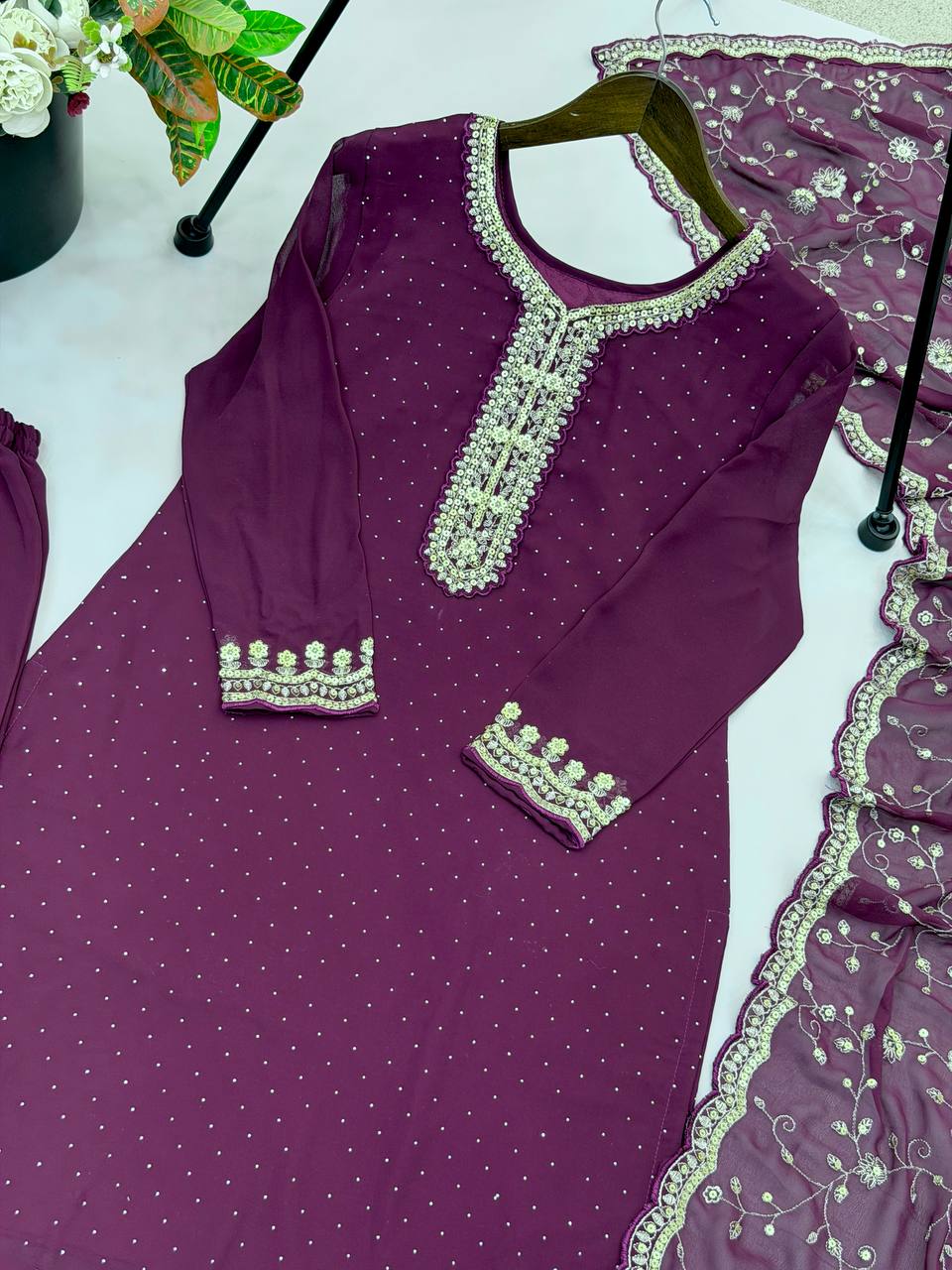 Swara Noorie Designer Heavy Georgette Swarovski Diamond Embroidered Palazzo Suit Set with Sequins Dupatta