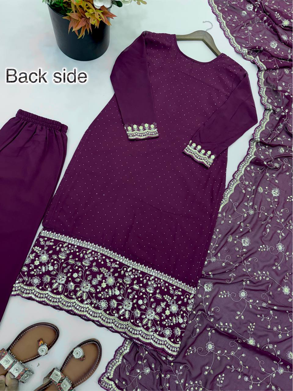 Swara Noorie Designer Heavy Georgette Swarovski Diamond Embroidered Palazzo Suit Set with Sequins Dupatta