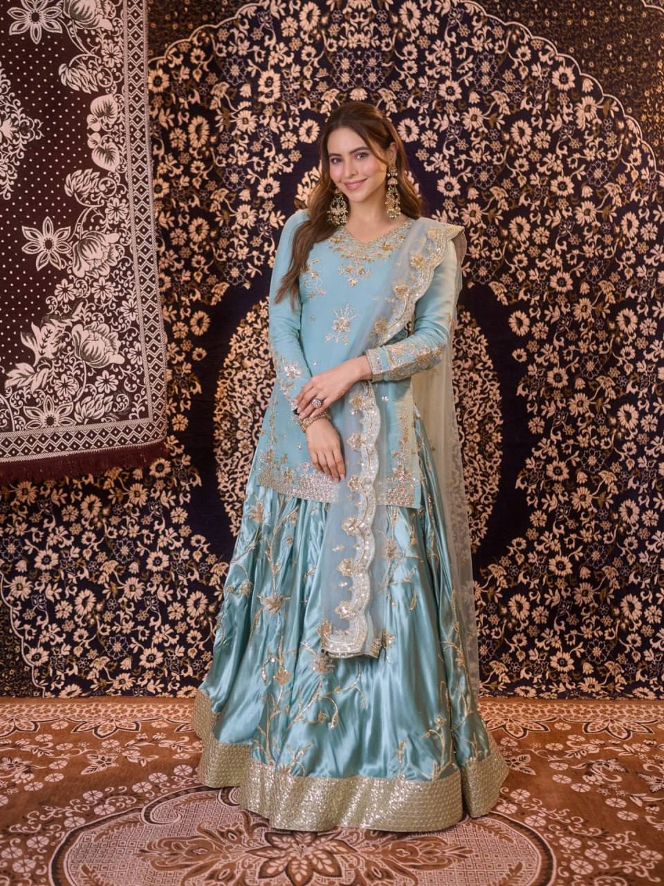 Rangmahi Japan Satin Embroidered Lehenga with Top & Dupatta